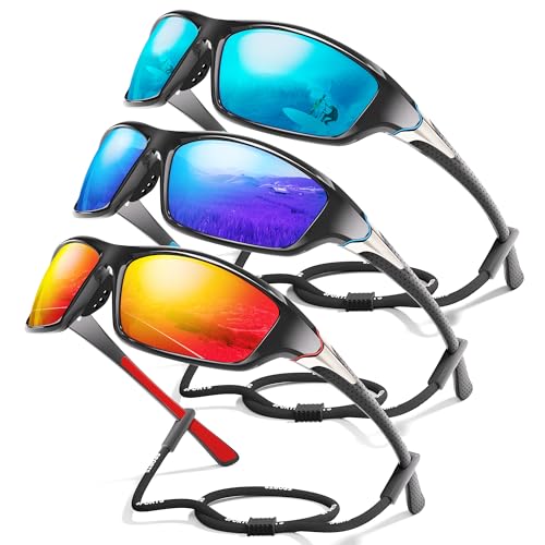 3 Pack Polarized Sports Sunglasses for Men, Mens Sunglasses Wrap Around UV Protection for Cycling Fishing Driving C02-ice Blue/Dark Blue/Red