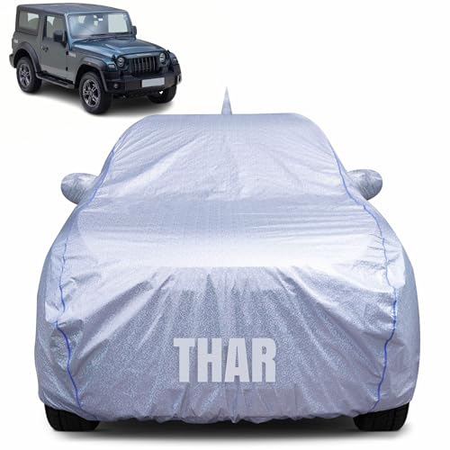 Image of 100% Waterproof Car Body Cover for Mahindra Thar with Mirror Pocket, Heat & UV Resistant, Triple Stitched, Soft Lining, Bottom Elastic & Piping (Silver Reflective)