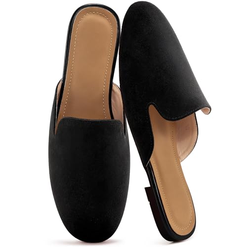 Ecetana Mules for Women Flats Shoes: Comfortable Slip On Casual Work Slides Round Toe Backless Loafers Black