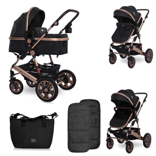 Lorelli Kinderwagen Lora faltbar Gummiräder Tragetasche Sportsitz Fußabdeckung schwarz gold