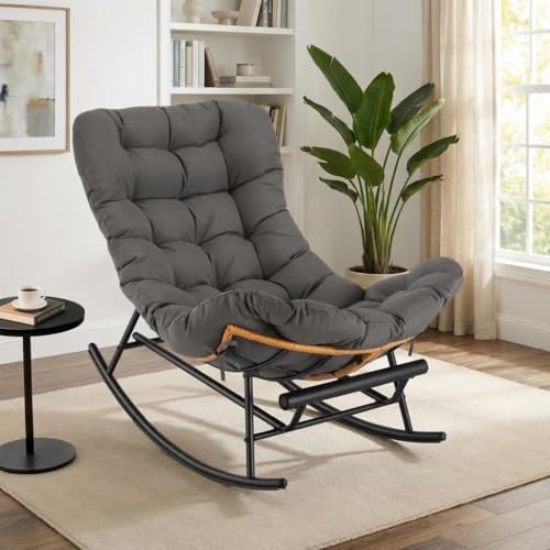 GAOMON Papasan Rocking Chair with Foot Rest, Papasan Chair with Thick Removable Cushion and Metal Frame, Lounge Chairs and PE Rattan Rocker for Patio,
