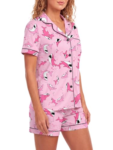 Image of LYANER Women's Pajamas Set Heart Print Button Short Sleeve Shirt With Shorts Sleepwear Pjs Lounge Set
