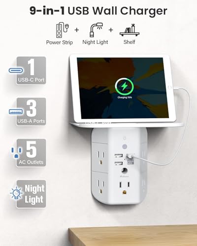 Wall Outlet Extender with Shelf and Night Light, Surge Protector, Wall Mount Charger Multi Plug Expander with 5 AC Outlets and 3 USB A Ports 1 USB C, Wide Space 3-Sided Power Strip Multi Plug Outlets - Image 2