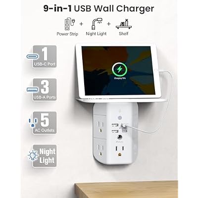 Wall Outlet Extender with Shelf and Night Light, Surge Protector, Wall Mount Charger Multi Plug Expander with 5 AC Outlets and 3 USB A Ports 1 USB C, Wide Space 3-Sided Power Strip Multi Plug Outlets