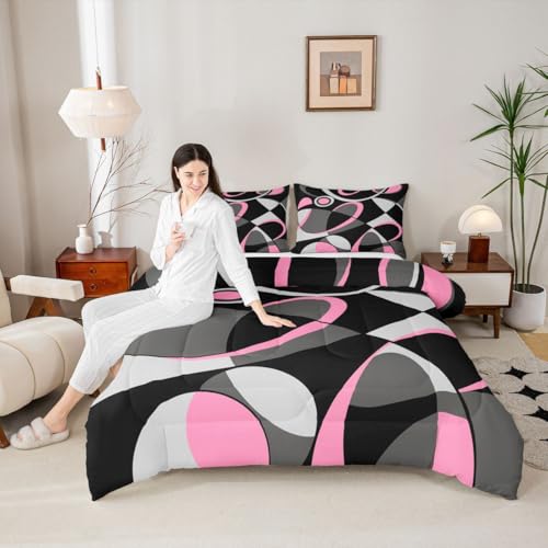 Image of Feelyou Pink Grey and Black Comforter Retro Circle Comforter Set Modern Abstract Art Bedding Set for Kids Boys Girls Swirl Duvet Luxury Room Decor Quilt King Size