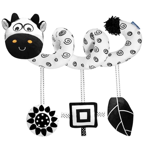 Image of Car Seat Toys for Babies 0-6 Months,Hanging Rattle Toys for Crib Mobile, Baby Spiral Hanging Stroller Black and White High Contrast Toys for Newborn 0 3 6 9 12 Months Baby Boys Girls (Cow)
