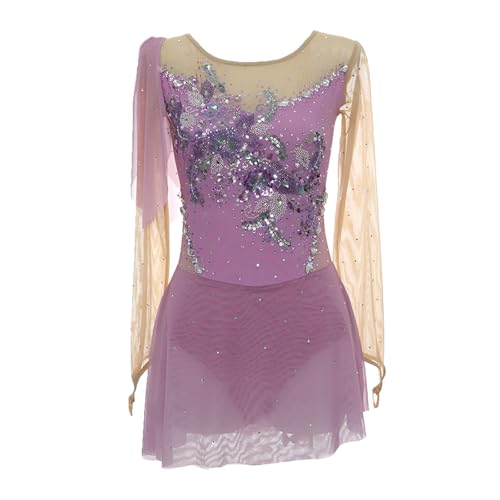 Kmarouse Shiny Figure Skating Competition Dress for Girls and Women, Long Sleeve Stretchable Breathable Performance Wear(Small) Purple