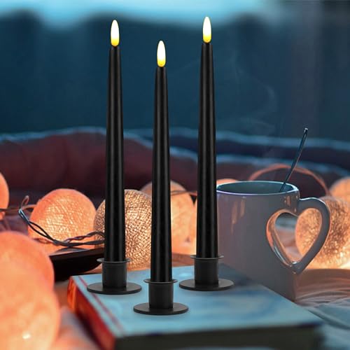 Image of CVHOMEDECO. Flameless Taper Candles with 10-Key Remote, Battery Operated Led Flickering 3D Wick Window Candles Real Wax Finished Home Christmas Party Decor 0.78 x 11 Inch, Pack of 3, Black