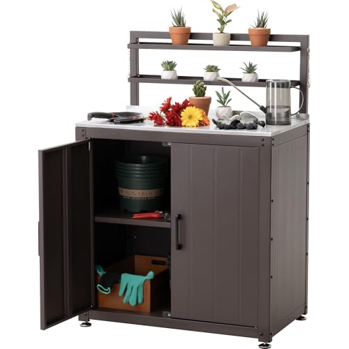 Feasto Outdoor Potting Bench with Storage Cabinet & Stainless Steel Tabletop - Heavy Duty Gardening Work Table, Garden Workstation with Elevated Rack for Horticulture and Backyard, Brown