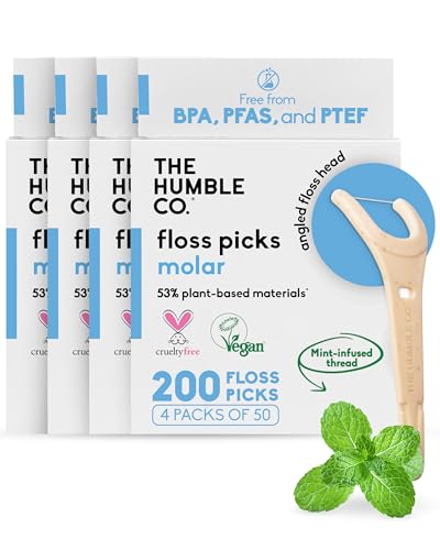 The Humble Co Molar Floss Picks for Teeth 200 Count (Mint) - Angled Dental Flossers with Extended Reach for Molars & Back Teeth - Plant-Based Floss for Interdental Oral Care Hygiene & Gum Health