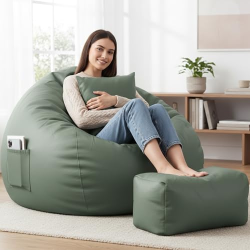 Image of Luxury 5XL Jumbo Bean Bag with Footrest & Cushion | Premium Leatherette | High-Density Beans Filled | Heavy Duty Double Stitch | 6 Months Warranty Color- (Navy Blue) (SAGE Green)