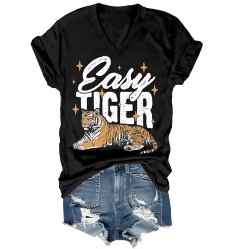 Easy Tiger Shirt Women Men Vintage Distressed Tiger Graphic Tee Casual-Chic Short Sleeve Tops