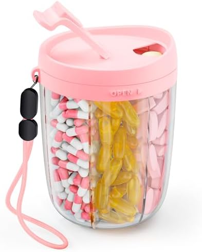 AUVON Large Pill Organizer, Pill Dispenser for Holding 6 Various Vitamins, Pill Box Case with Anti-Mixing & Wide Opening Design, Easy to Retrieve Meds, Includes 20 Pcs Stick-on Labels