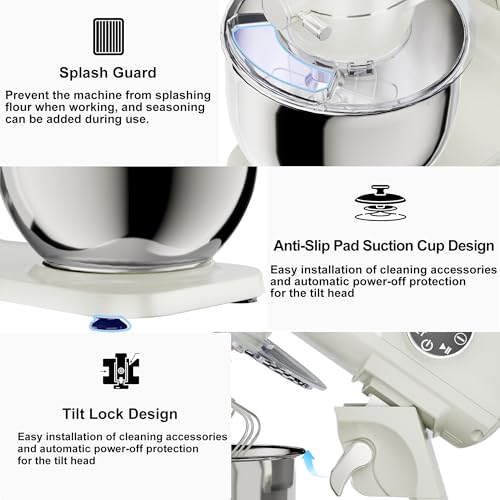 Image of 8.45 QT All Metal Stand Mixer, White | 10 Speed, Digital Timer & Tilt-Head, Whisk Dough Hook Mixing Beater, Large Capacity, For Baking, Cakes, Cookie, Bread, Salad