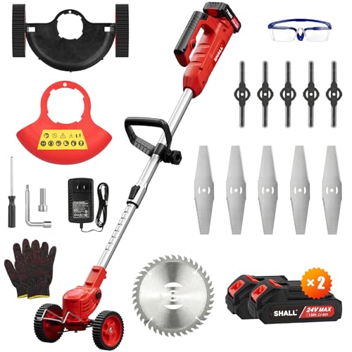 SHALL 24V Cordless Weed Wacker, 3-in-1 Electric Weed Eater Grass String Trimmer Edger, Telescopic Brush Cutter, 2 x 1.5Ah Battery Powered Lawn Mower with 3 Types Blades & Wheels for Yard Garden