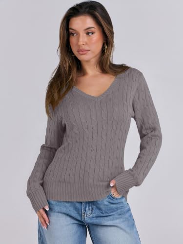 Image of ANRABESS Women's Cable Knit V Neck Fitted Sweaters