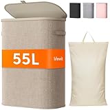 Lifewit Schmal Wäschekorb mit Deckel, 55L Wäschesammler mit Kunststoffrahmen, faltbarer großer Wäschesortierer, Wäschebox Laundry Baskets für Schlafzimmer, Bad, Beige