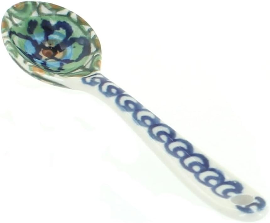 Blue Rose Polish Pottery - Green Mardi Gras Sugar Spoon - 5.25" Long - Ceramic Teaspoon for Coffee, Tea, Sugar & Condiments