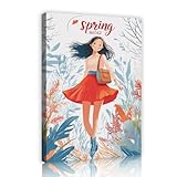 春のファッションイラストキャンバスウォールアートプリントモダンガールと植物ジャングルフラワー壁装飾ポスターリビングルームベッドルーム80x112cmインナーフレーム