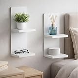 POCURBAN Floating Wall Shelves Set of 2, White Solid Wood Double Layer Wall Mounted Shelf, 20 x 8 x 6 Inches, Modern Storage for Bedroom, Bathroom, Kitchen, Home Decor, Plants & Cosmetics