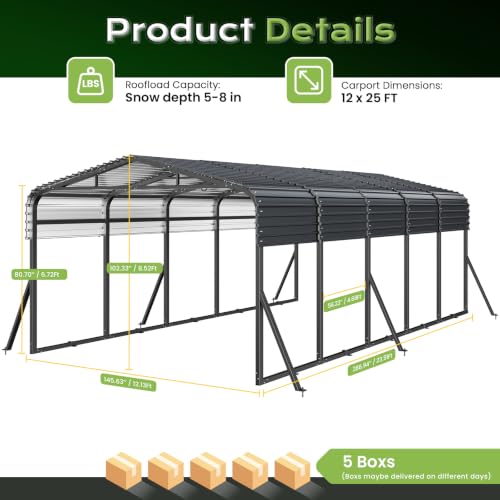 Image of Jocoevol 12x25FT Metal Carport, Heavy Duty Car Garage for Car, Boats Truck | Reinforced Support Rods and Windproof Ground Anchors, All-Weather Multi-Use Outdoor Shelter Outdoor Storage Canopy