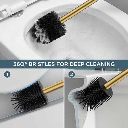 Image of FORIOUS Stainless Steel Toilet Bowl Brush Scrubber and Holder Set Medium | Gold, Extended Handle, Removable Inner Bowl, Stable Splash Guard, Steel Joint, Scratch‑Resistant Bristles, for Bathroom RV