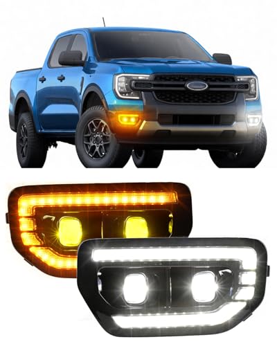 2Pcs 55W Led Fog Lights DRL For 2022 2023 2024 2025 2026 Ford Ranger Accessories Daytime Running Light with Amber Sequential Turn Signal & White Startup Animation(Only Fits xl/xlt/lariat) (DRL)