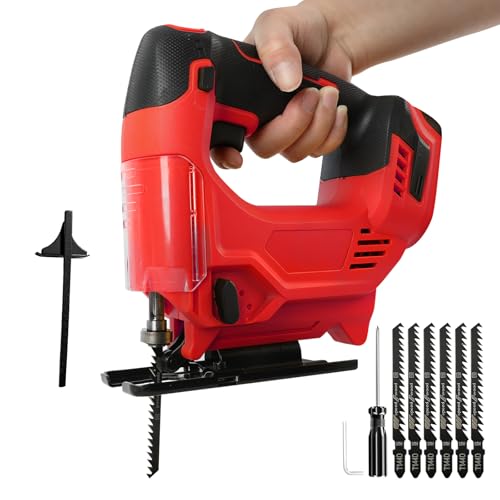 Scie sauteuse sans fil compatible avec Milwaukee m18, 420 W 3500 tr/min, outil de coupe biseauté à 45° avec 6 lames pour coupe circulaire courbe droite (rouge)