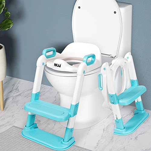HKAI Potty Training Seat with Step Stool Ladder, Potty Seat for Kids Toddlers Girls Boys, Adjustable Potty Training Toilet, Comfortable Safe Toddler Toilet Seat with Anti-Slip Pads (Blue)