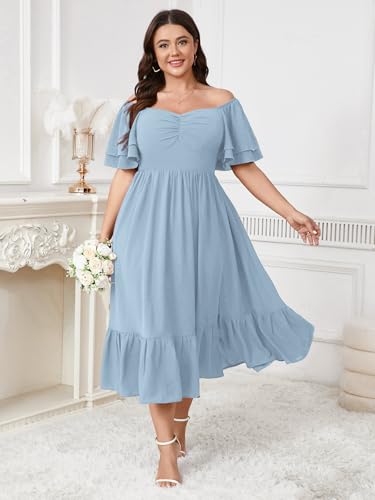 Image of SCOMCHIC Womens Plus Size Wedding Guest Cocktail Dresses Sweetheart Neckline Short Sleeve Smocked Ruffle Slit Maxi Dress