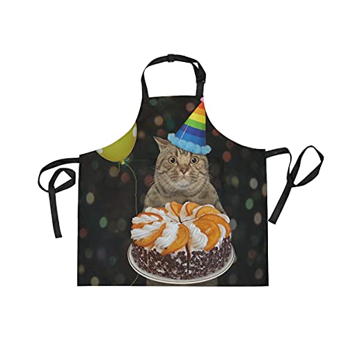 Akiraki エプロン H型 女性用 レディース メンズ 男女兼用 カフェエプロン キッチンエプロン おもしろ ねこ 猫柄 ケーキ かわいい ブラック 前掛け ロング 仕事用 保育士 業務用 家庭用 料理 フリーサイズ ポケット付き