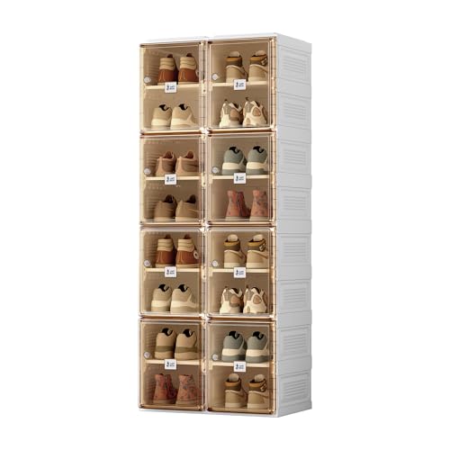 ANTBOX Shoe Organizer Storage Box, Portable Folding Shoe Rack For Closet With Magnetic Clear Door,Large Sneaker Cabinet Bins Sturdy Easy Assembly 8 Layers-16 Grids