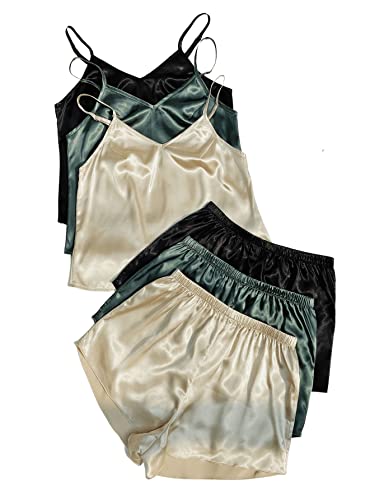 GORGLITTER 3 Packe Schlafanzug Set Satin Damen Pyjama Cami Top und Shorts...