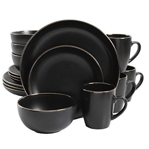 Gibson Home Rockaway 16-Piece Round Stoneware Dinnerware Set, Service for 4 – Black with Gold Rim Plates and Bowls, Microwave & Dishwasher Safe by Gibson Home - Used condition - US$44.46