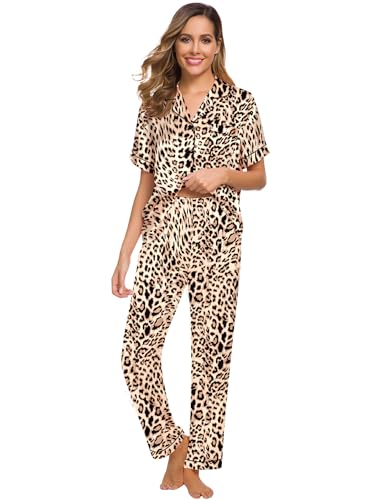 Image of SWOMOG Women Satin Pajamas Set Short Sleeve Top & Pants Sleepwear Silky Button Down Nightwear 2pcs Loungewear Pjs Set Brown Leopard Large