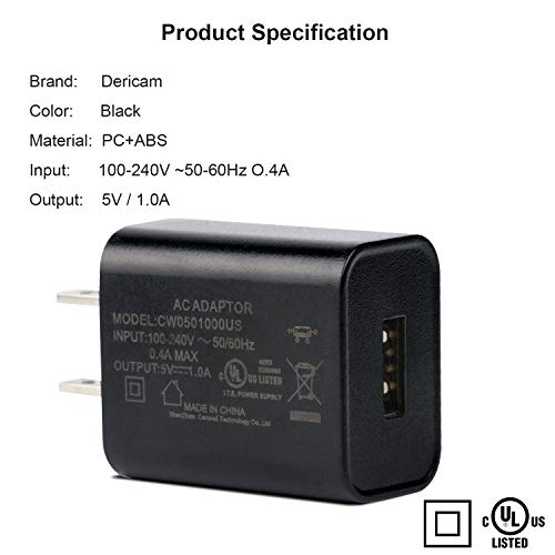 Dericam 5V 1A Micro USB Wall Charger, Android Charger Cable, 5 Volt 1000mA AC to DC Power Adapter for Charging of Android Smartphone/Kindle Fire, Security Camera, 5ft/1.5M Power Cord, US Plug(Black) - Image 2