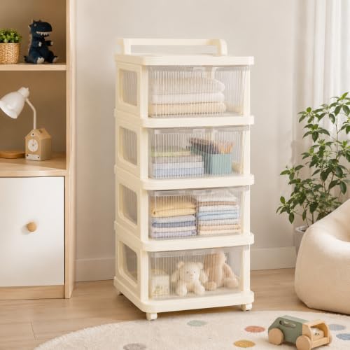 Image of Heavy Duty Plastic Storage Drawer with Wheels | Modular Cabinet for Bedroom, Office, Home or Classroom| Chest of Drawers Organiser for Cosmetics, Kitchen items, Toys (White Transparent, 4)