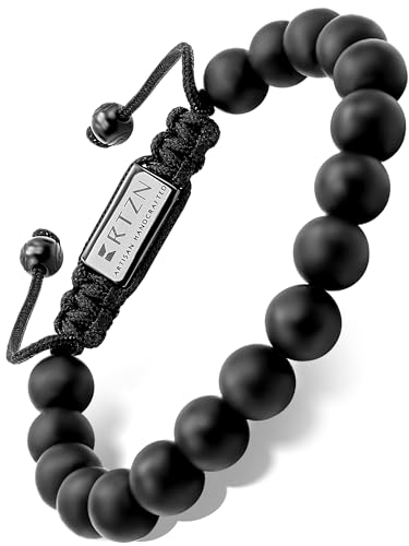 RTZN® Black Onyx Bracelet for Men – Premium Artisan Handcrafted Authentic Matte Black Beaded Bracelet for Men – 8MM Adjustable Mens Beaded Bracelets, One Size, Stone, Onyx