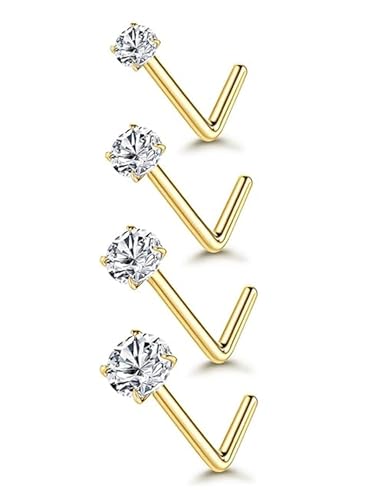 Bijoux piercing nez stud or rempli 14k, 4 pièces 20g forme L avec cz rond de 1.5-3mm