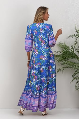 Image of Women Short Sleeve V Neck Floral Print Casual Bohemian Maxi Dresses