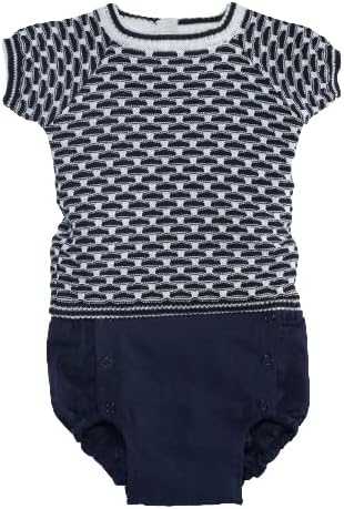 Sebas Baby Set, Navy and White Knitted Top with Geometric Pattern and Linen Bloomer