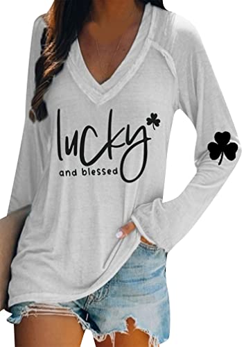 Image of BOFETA Women St Patricks Day Sweatshirts Loose Long Sleeve Shirts Green Shamrock Print Blouse Flowy Color Block Pullover Tops