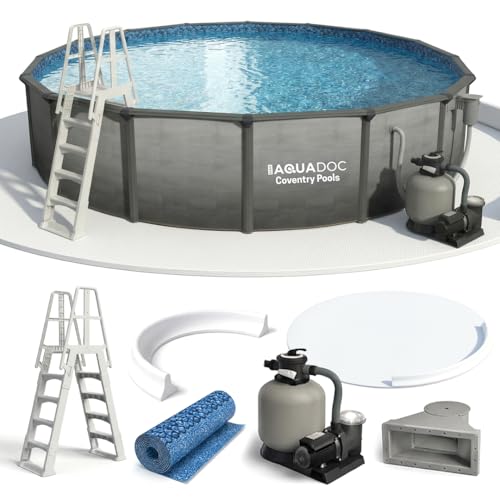 AquaDoc Coventry Round Steel Wall Above Ground Pool Kit 24' x 52' in Pewter Gray Finish with Sand Filter, Ladder, Skimmer, 25 Gauge Liner, Floor Pad and Cove Elite Package - Made in North America