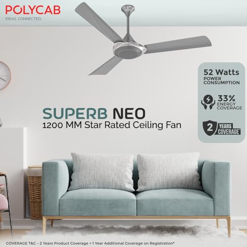 Image of Polycab Superb Neo Star Rated, 1200mm Ceiling Fan For Home | High Speed & Air Delivery | Saves Up To 33% Electricity, Rust-Proof Blades, 52 Watt, 2 years warranty【Cool Grey Silver】