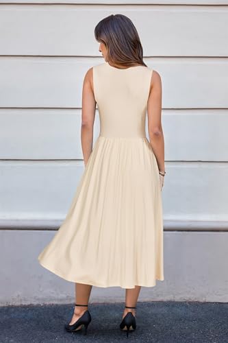 Image of Newshows Women 2025 Work Dress Sleeveless Crew Neck Office Business Casual Outfits Midi Elegant Dresses with Pockets