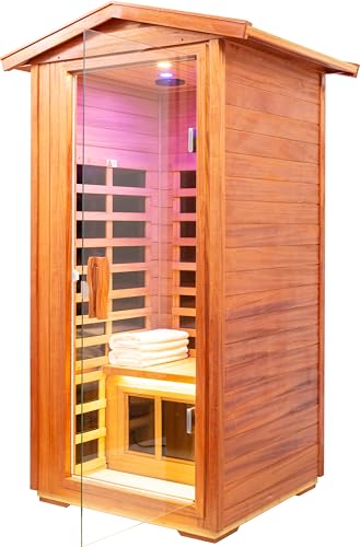 Image of LTCCDSS Outdoor Mahogany Sauna 1 Person, Low EMF Far Infrared Sauna for Home, Withstand Outdoor Temp -10℉-149℉| EMF Readings Below 0.5mG, 9 Low EMF Boards-Chromotherapy-Bluetooth Speaker
