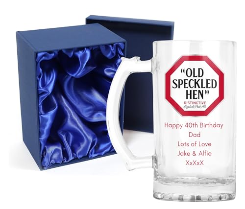 Personalised Old Speckled Hen Glass Pale Ale Beer Tankard with Handle, 0.8 Pint, 16oz Capacity, Custom Message Design, Gift Box Available (Print with Handle on Left, Silk Lined Gift Box)
