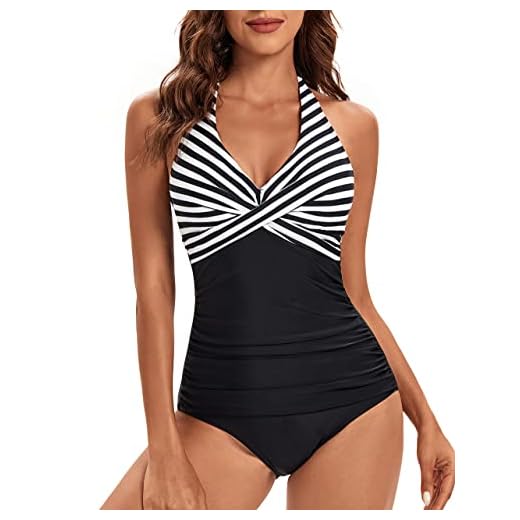 Viloree Damen One Piece Bademode Badeanzug Badebekleidung Neckholder Schlankheits Bauchweg Schwarz Streifen L