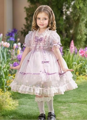 Girls Kawaii Lolita Dress Short Sleeve Sweet Bow Lace Skirt Layered Tulle Twirl Dresses3