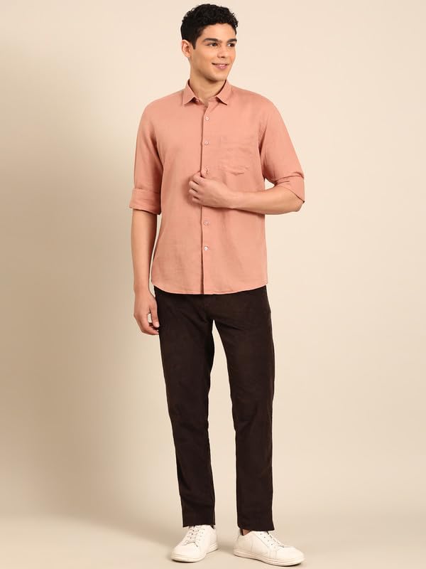 Image of Linen Club Men's Pure Linen Olive Solid Contemporary Fit Full Sleeve Casual Shirt